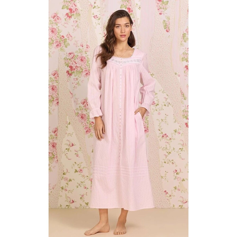 Eileen West 100% Cotton Night Gown Sz M Pink White Dobby Stripe Button Front